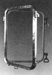 black and white photo of an opend ship window